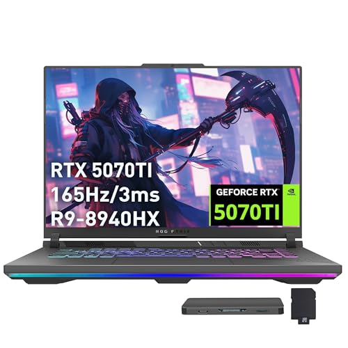 ASUS ROG Strix G16 Ordinateur portable de jeu 16 WUXGA 165 Hz, GeForce RTX 5070 Ti 12 Go GDDR7, AMD Ryzen 9 8940HX, 64 Go DDR5, 2 To SSD, clavier rétroéclairé, caméra FHD, Win 11, gris, station