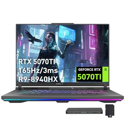 ASUS Ordinateur portable de jeu ROG Strix G16, GeForce RTX 5070 Ti 12 Go GDDR7, AMD Ryzen 9 8940HX, 32 Go DDR5, SSD PCIe 1 To, clavier rétroéclairé, écran WUXGA 165 Hz, Windows 11 Pro, gris, station
