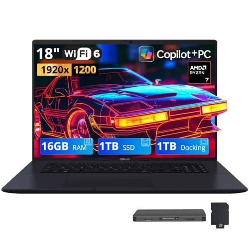 ASUS Vivobook 18 Ordinateur portable professionnel WUXGA 144 Hz, AMD Ryzen 7 260, 16 Go DDR5, 2 To de stockage (SSD 1 To station d'accueil 1 To), carte graphique AMD Radeon, Copilot PC, clavier