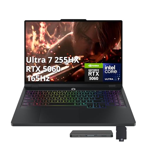 Lenovo Legion Pro 5i Ordinateur portable de jeu WQXGA OLED 165 Hz, Intel Ultra 7 255HX, GeForce RTX 5060, 64 Go DDR5, 2 To SSD, clavier rétroéclairé RVB 24 zones, Wi-Fi 7, Win 11, noir, station