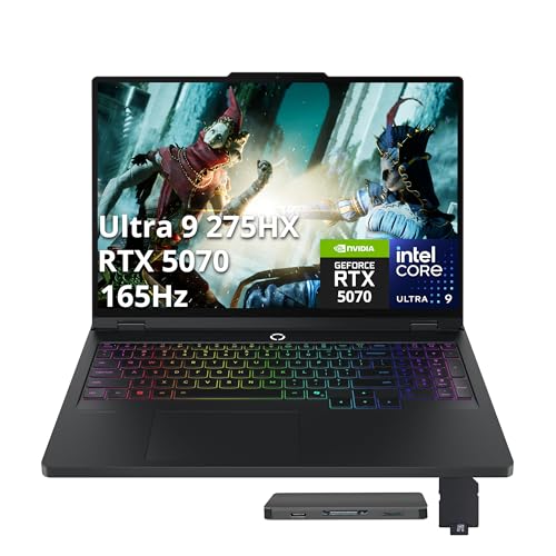 Lenovo Legion Pro 5 16 WQXGA Ordinateur portable de jeu 165 Hz, Intel Ultra 9 275HX, 32 Go de RAM, 3 To de stockage (2 To SSD station d'accueil 1 To), GeForce RTX 5070, clavier rétroéclairé RVB 24