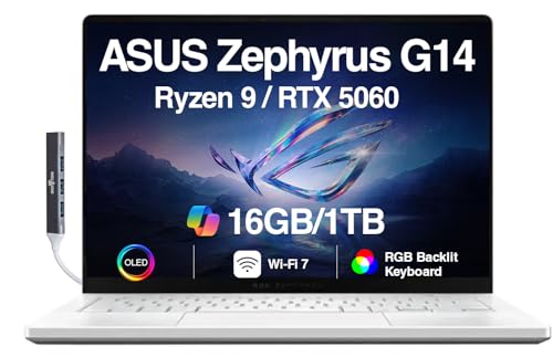 ASUS ROG Zephyrus G14 AI Ordinateur portable de jeu 14 ROG Nebula OLED 2,8K 500 nits (AMD Ryzen 9 270, GeForce RTX 5060 8 Go, 16 Go LPDDR5X, 1 To SSD, WiFi 7, RGB KYB, Win 11 Pro) avec extension de