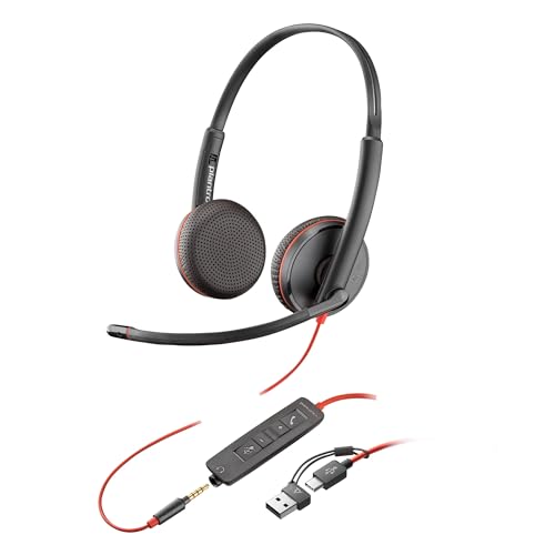 Micro-casque filaire Poly Blackwire 3225 – Microphone antibruit – Conception binaurale – Connexion à un PC Mac téléphone portable via USB-C, USB-A ou prise Jack 3,5 mm - Fonctionne avec Teams et Zoom
