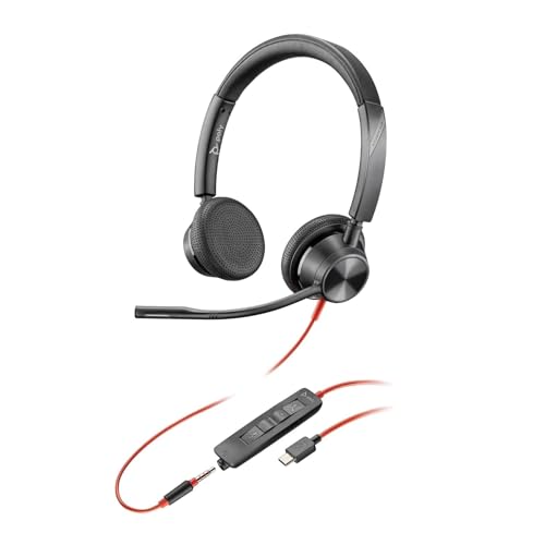 Micro-casque filaire Poly Blackwire 3325 – Perche de microphone flexible – Son stéréo hi-fi, Connexion à un PC Mac téléphone portable via USB-C, USB-A ou prise Jack 3,5 mm, Fonctionne avec Teams, Zoom