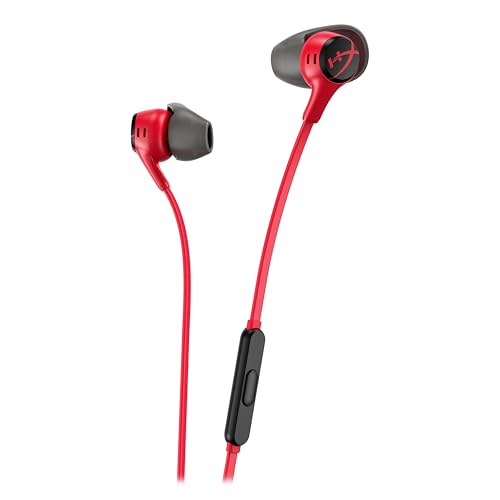 HyperX Cloud Earbuds II Écouteurs Gaming, Audio Immersif, Microphone Intégré, Prise Jack 3.5mm Coudée, Quatre Tailles d'Embouts, Pochette de Transport, Rouge