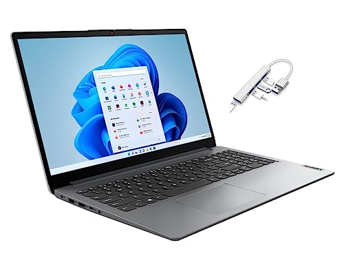 Lenovo Ideapad 1 Ordinateur portable HD 15,6 | Processeur AMD Athlon Silver 7120U | RAM DDR5 4 Go | SSD 512 Go | Carte graphique AMD Radeon | Windows 11 Home | Gris | Ensemble avec hub USB 3.0