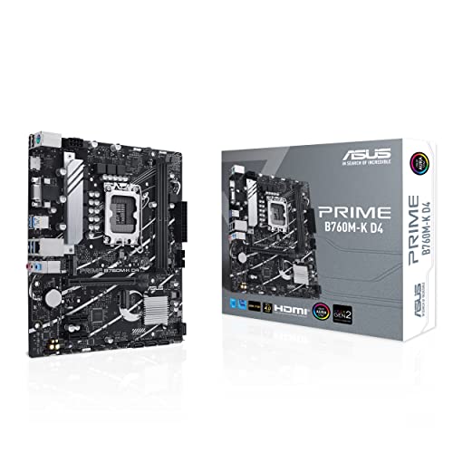 ASUS Carte mère Prime B760M-K D4 Intel® B760 (LGA 1700) (13e et 12e générations) mATX, PCIe 4.0, Deux emplacements PCIe 4.0 M.2, DDR4, Realtek Ethernet 2,5 Go, HDMI®, SATA 6 Gbit s, USB 3.2 Gen 1