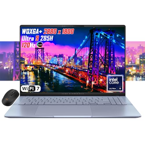 ASUS Vivobook Ordinateur portable fin OLED WQXGA (2880 x 1800) de 16 po, Intel Core Ultra9 285H, Wi-Fi 7, RGB rétroéclairé KB, 2 x Thunderbolt 4, webcam FHD, win11, souris sans fil (32 Go de RAM |