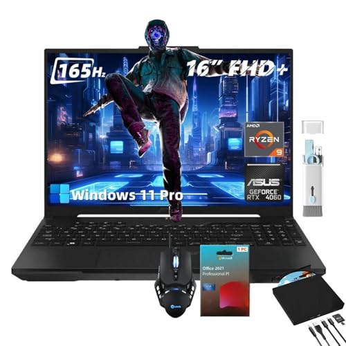 ASUS Ordinateur portable de jeu TUF A16 – Écran 16 FHD 165 Hz, AMD Ryzen 9 7940HX, NVIDIA GeForce RTX 4060, 32 Go DDR5, SSD PCIe 1 To, Windows 11 Pro, licence Office à vie, accessoires