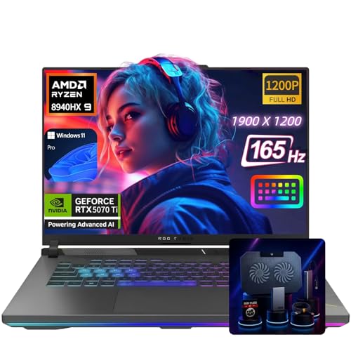 ASUS ROG Strix G16 Ordinateur portable de jeu – NVIDIA GeForce RTX 5070 Ti, 16 165 Hz FHD , AMD Ryzen 9 8940HX (jusqu'à 5,2 GHz), Win11 Pro, KB rétroéclairé, Wi-Fi 6E, avec accessoires (32 Go de RAM