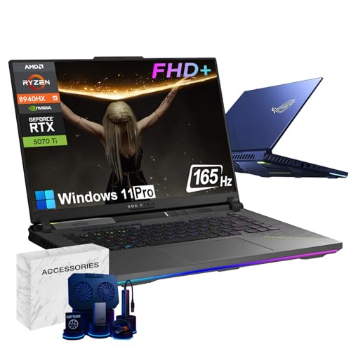 ASUS ROG Strix G16 Ordinateur portable de jeu 2025-16 FHD 165 Hz, NVIDIA GeForce RTX 5070 Ti, AMD Ryzen 9 8940HX (jusqu'à 5,2 GHz), Win11 Pro, Ko rétroéclairé, Wi-Fi 6E, avec accessoires (64 Go de