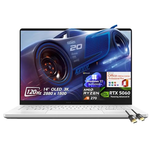 ASUS ROG Zephyrus G14 Ordinateur portable de jeu OLED 3K 120 Hz, AMD Ryzen 9 270, RTX5060 8 Go, 16 Go de RAM LPDDR5X 1 To SSD, Wi-Fi7, BacklitKB, Win11Pro Office Lifetime License, Blanc, avec câble