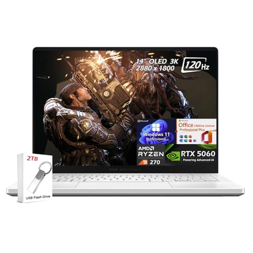 ASUS ROG Zephyrus G14 Ordinateur portable de jeu, 14 po OLED 3K 120 Hz, AMD Ryzen 9 270, 16 Go de RAM LPDDR5X 4 To SSD, RTX 5060, Wi-Fi7, KB rétroéclairé, licence Win11Pro Office Lifetime Licence