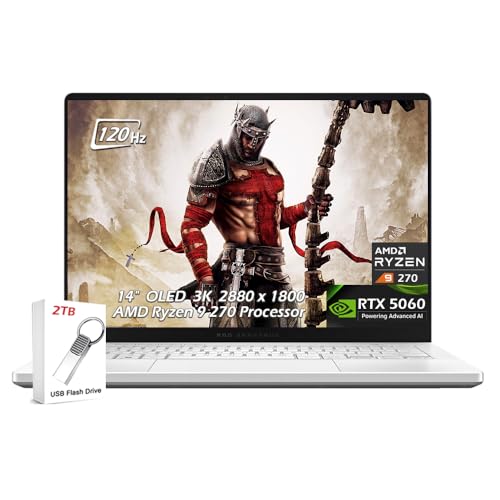 ASUS ROG Zephyrus G14 Ordinateur portable de jeu 14 3K OLED 120 Hz, AMD Ryzen 9 270, NVIDIA GeForce RTX 5060, 16 Go de RAM LPDDR5X 1 To SSD, Micro SD, WiFi7, KB rétroéclairé, Win11, Blanc platine