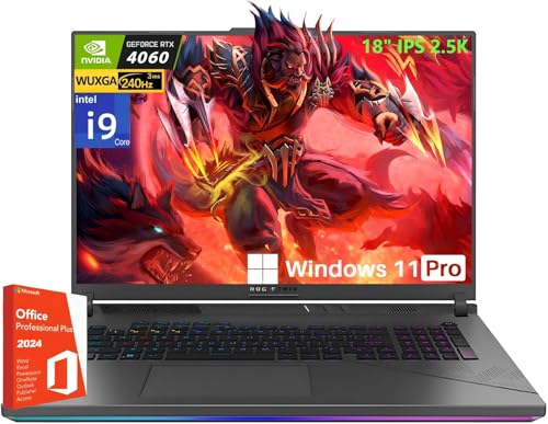 ASUS Ordinateur portable de jeu ROG Strix G18 18 po 240 Hz QHD, 14e génération, Intel 24 cœurs i9 14900HX, 32 Go DDR5, 1 To SSD, rétroéclairage RVB KB, GeForce RTX 4060, Wi-Fi 6E, Windows 11 Pro, avec