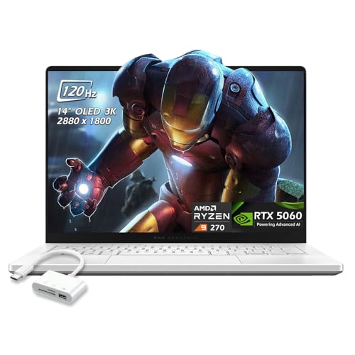 ASUS ROG Zephyrus G14 Ordinateur portable de jeu, écran OLED 3K 120 Hz, AMD Ryzen 9 270, NVIDIA GeForce RTX 5060, 16 Go de RAM LPDDR5X 1 To SSD, WiFi7 Bluetooth, KB rétroéclairé, Win11, blanc, hub USB