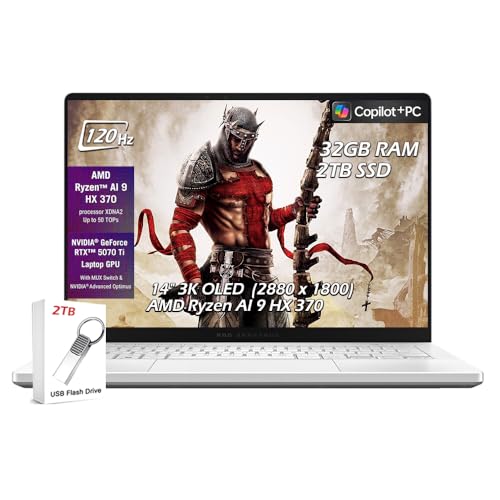 ASUS ROG Zephyrus G14 Ordinateur portable de jeu 14 3K OLED 120 Hz Copilote PC AMD Ryzen AI 9 HX 370 NVIDIA RTX 5070 Ti 12 Go 32 Go LPDDR5X RAM 2 To SSD WiFi7 Win11 Blanc platine avec clé USB de 2