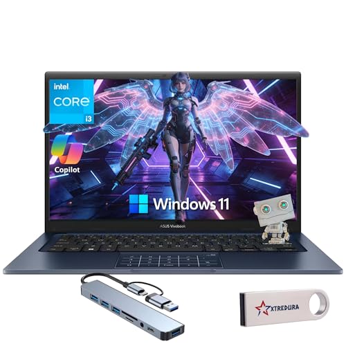 ASUS Vivobook Ordinateur portable FHD 14 po, Intel Core i3-1315U, 16 Go de RAM, 512 Go PCIe SSD, lecteur DVD externe et clé USB, Wi-Fi, HDMI, Webcam, longue durée de vie, pavé tactile, bleu silencieux
