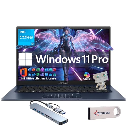 ASUS Vivobook Ordinateur portable FHD 14 , Windows 11 Pro, Lifetime MS Office, Intel Core i3-1315U, 16 Go de RAM 1 To PCIe SSD, élégant et léger, lecteur DVD externe et clé USB, pour étudiants