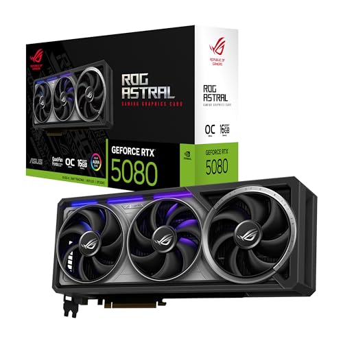 ASUS ROG Astral GeForce RTX™ 5080 OC Edition Carte Graphique de Jeu (PCIe® 5.0, 16 Go GDDR7, HDMI® DP 2.1, 3,8 emplacements, Design à 4 Ventilateurs, Ventilateurs axiaux, Chambre à Vapeur brevetée,