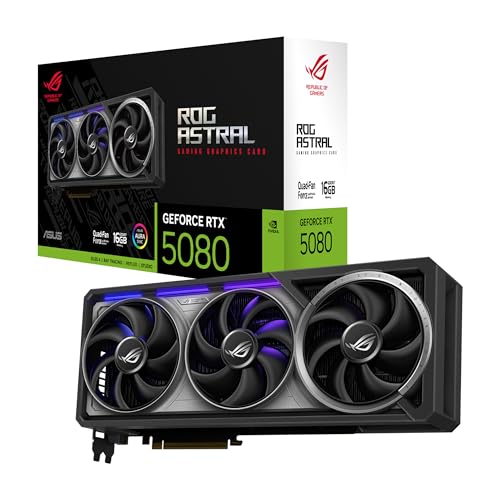 ASUS ROG Astral GeForce RTX 5080 Carte Graphique de Jeu (PCIe 5.0, 16 Go GDDR7, HDMI DP 2.1, 3,8 emplacements, Design à 4 Ventilateurs, Ventilateurs axial-Tech, Chambre de Vapeur brevetée, Coussinet