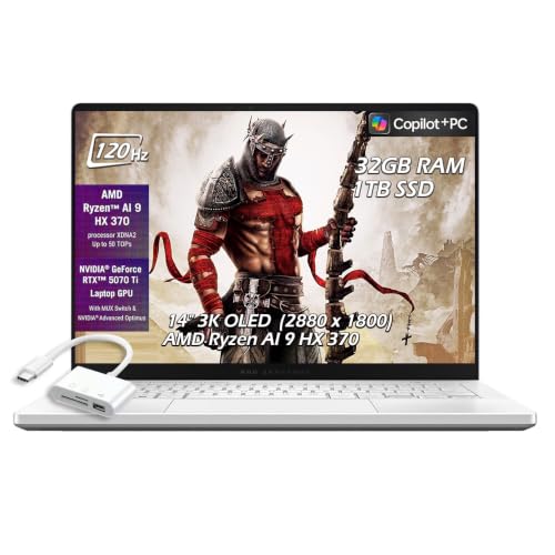 ASUS - Ordinateur portable de jeu ROG Zephyrus G14 14 - AMD Ryzen AI 9 HX 370 - NVIDIA GeForce RTX 5070 Ti -32 Go de RAM 1 To SSD - Wi-Fi7 Bluetooth BacklitKB Win11 - Blanc platine - avec hub USB - W