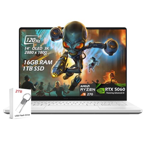 ASUS ROG Zephyrus G14 AI Ordinateur portable de jeu 14 ROG Nebula OLED 2,8K 500 nits, AMD Ryzen 9 270, RTX 5060 8 Go, 16 Go LPDDR5X, 1 To SSD, WiFi7, Win11, blanc platine, avec clé USB de 2 To, W