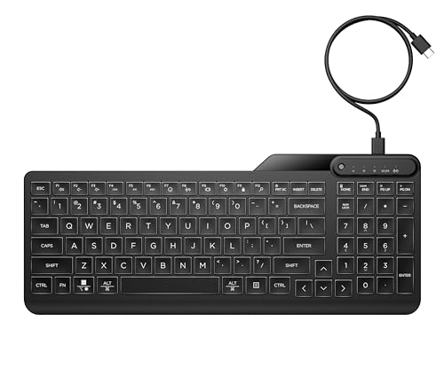 HP Clavier filaire rétroéclairé 400 (fil cendré) – Touches lumineuses à DEL blanc chaud avec 3 niveaux de luminosité – Design fin et portable – 12 touches programmables – Résistant aux déversements,