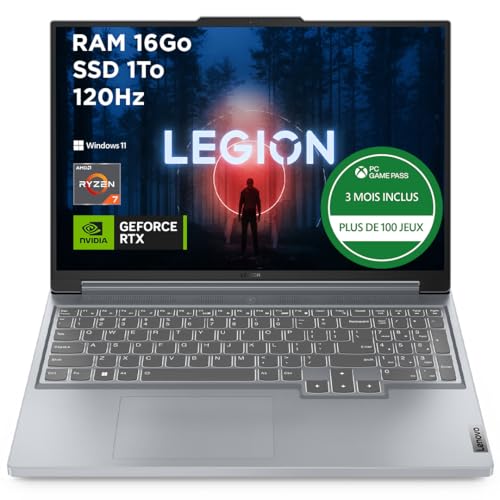 Lenovo Legion Slim 5 16APH8 - Ordinateur Portable Gaming 16'' WQXGA 240Hz (AMD Ryzen 7-7840HS, RAM 16Go, SSD 1To, NVIDIA RTX 4070 8Go, Windows 11 Home) Clavier rétroéclairé AZERTY Français - Gris