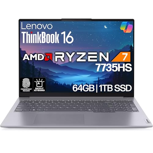 Lenovo ThinkBook 16 G7 Ordinateur portable professionnel, 16 po FHD , AMD Ryzen 7 7735HS, 64 Go DDR5, NVMe 1 To, WiFi 6E BT, KB rétroéclairé, lecteur d'empreintes digitales, webcam HD, Win 11 Pro