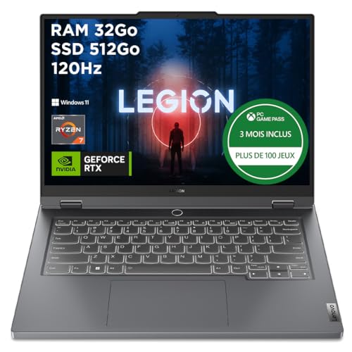 Lenovo Legion Slim 5 14APH8 - Ordinateur Portable Gaming 14.5'' WQXGA 120Hz (AMD Ryzen 7 7840HS, RAM 16Go, SSD 512Go, NVIDIA GeForce RTX 4050-6GB, Windows 11 Home) Clavier AZERTY Français - Gris