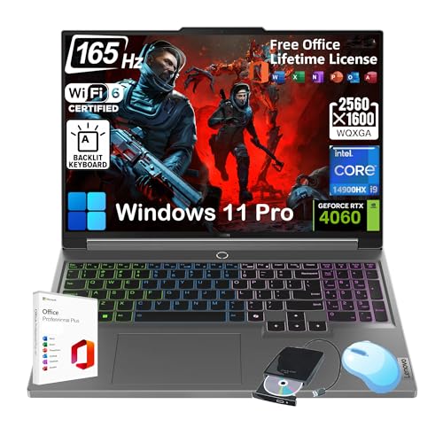 Lenovo Legion Pro 5i Ordinateur portable de jeu avec Office Lifetime, Intel 14e génération i9-14900HX, écran WQXGA 165 Hz, GeForce RTX 4060, KB rétroéclairé, Win 11 Pro et lecteur DVD externe (32 Go