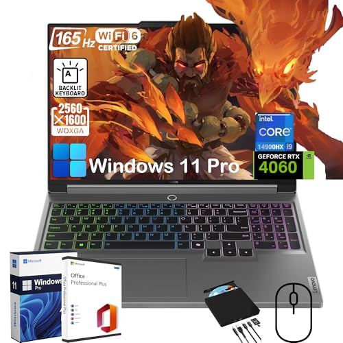 Lenovo Legion 5i Ordinateur portable de jeu avec lecteur CD DVD externe et Office Lifetime, écran 16 165 Hz, Intel 24-Core i9-14900HX, RTX 4060, KB rétroéclairé, Win 11 Pro, avec accessoires (64 Go