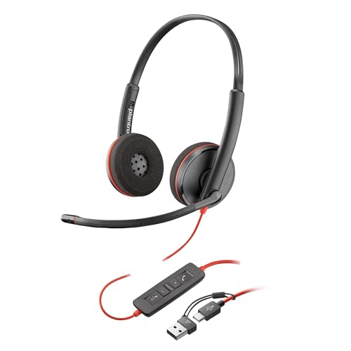 Micro-casque filaire Poly Blackwire 3220 – Microphone antibruit – Conception binaurale – Connexion à un PC Mac via USB-C ou USB-A – Fonctionne avec Teams, Zoom