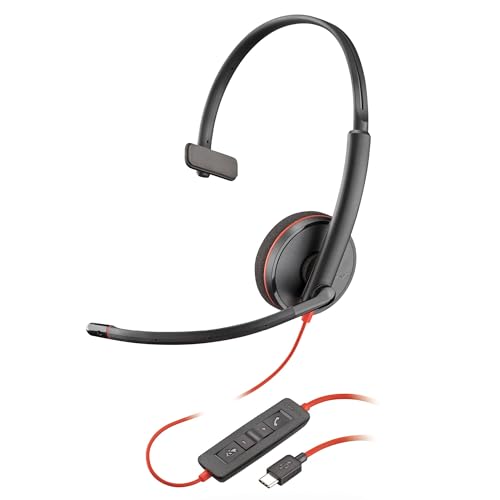 Micro-casque filaire Poly Blackwire 3210 – Microphone antibruit – Conception monaurale – Connexion à un PC Mac via USB-C ou USB-A – Fonctionne avec Teams, Zoom