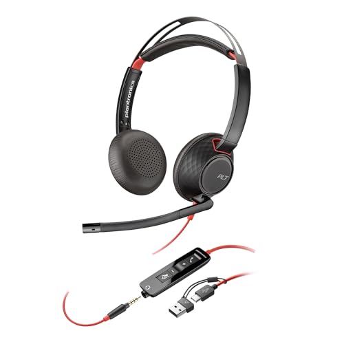 Micro-casque filaire Poly Blackwire 5220 – Perche microphone antibruit flexible – Conception ergonomique – Connexion à un PC Mac, téléphone portable via USB-C, USB-A ou prise Jack 3,5 mm
