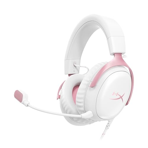 HyperX Cloud III, Casque Gaming Filaire, PC PS5 Xbox Series X|S, DTS Headphone X, Haut parleurs inclinés 53 mm, Micro 10 mm antibruit, USB-C USB-A 3,5 mm, Blanc et Rose