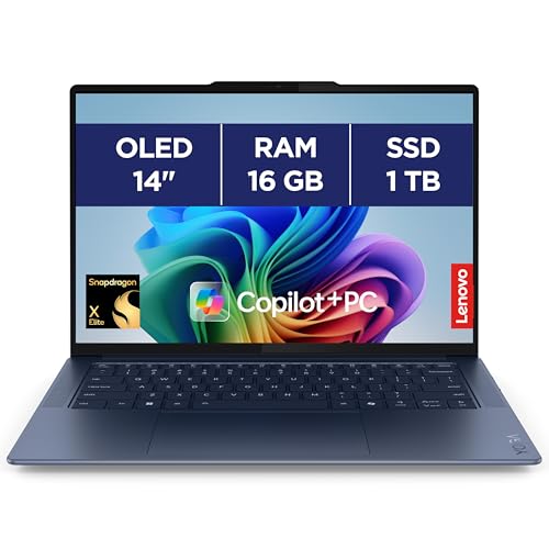 Lenovo Yoga Slim 7 14Q8X9 - Ordinateur Portable Copilot 14'' 3K OLED 90Hz (Qualcomm - SD Elite X, RAM 16Go, SSD 1To, Windows 11 Home) Clavier rétroéclairé AZERTY FR - Cosmique Bleu