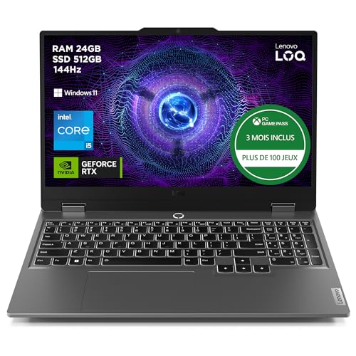 Lenovo LOQ 15IAX9 - Ordinateur Portable Gaming 15.6'' FHD 144Hz (Intel Core i5-12450HX, RAM 2x12Go, SSD 512Go, NVIDIA RTX 4060 8Go, Windows 11 Home) Clavier rétroéclairé AZERTY - Gris