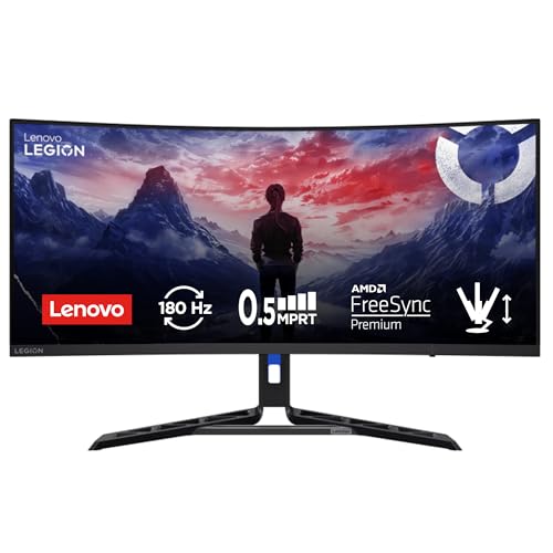 Lenovo Legion R34w-30 - Écran Gaming de 34 Incurvé avec Eyesafe (WQHD, VA, 180Hz, 0.5ms, HDMI DP, Cable DP, AMD FreeSync, Haut-parleurs) Réglage en Inclinaison - Noir