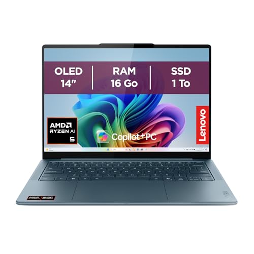 Lenovo Yoga Slim 7 14AKP10 - Ordinateur Portable 14'' OLED WUXGA Copilot (AMD Ryzen AI 5 340, RAM 16Go, SSD 1To, AMD Radeon 840M Graphics, Windows 11 Home) Clavier AZERTY Français - Tidal Teal
