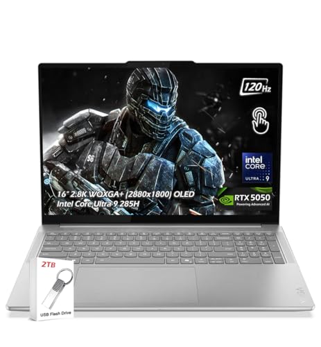 Lenovo Ordinateur portable Yoga Pro 9i 16 – Intel Ultra 9 285H 16 cœurs, 16 2,8K WQXGA (2880 x 1800) OLED 1100 nits 120 Hz, RTX 5050, 32 Go de RAM 1 To SSD, Win11, WiFi7, KB rétroéclairé, gris luna