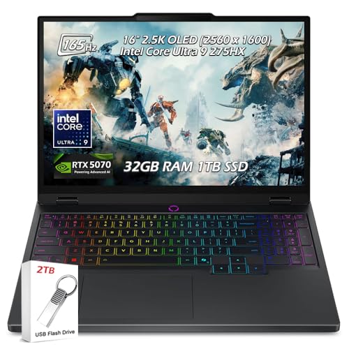 Lenovo Legion Pro 5i 16 WQXGA 2.5k OLED 500 nits 165Hz Ordinateur portable de jeu, Intel Core Ultra 9 275HX 24C, RTX 5070, 32 Go DDR5 1 To SSD, KB rétroéclairé, WiFi7, Win11, Eclipse Black, Clé USB 2