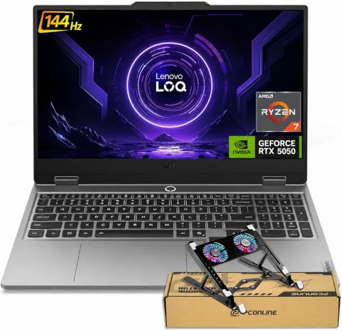 Lenovo LOQ AMD Ryzen 7 250 RTX 5050 Ordinateur portable de jeu, 32 Go DDR5 | 15,6 FHD 144Hz, clavier rétroéclairé, pavé numérique, Ethernet, Wi-Fi 6, ensemble avec refroidisseur pour ordinateur