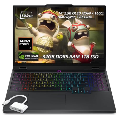 Lenovo Legion Pro 5 Ordinateur portable de jeu, AMD Ryzen 7 8745HX, 16 2,5K OLED (2560 x 1600) IPS 165 Hz, 32 Go DDR5, 2 To SSD, NVIDIA RTX 5060, KB rétroéclairé, Wi-Fi7, Win11, Eclipse Black, avec