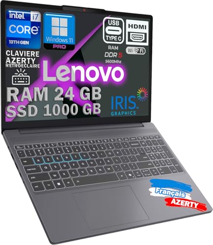 Lenovo IDEAPAD Ordinateur Intel i7-13620H 10 Coeurs 4.9Ghz, Clavier rétroéclairé AZERTY, RAM 24Go DDR5, SSD 1000Go, écran 15,6 FULLHD, WiFi6E Certificat, 1920x1200 300nits, Windows 11 Pro configuré