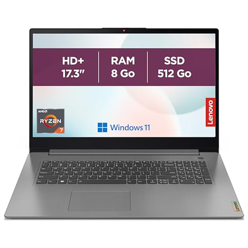 Lenovo IdeaPad 3 17ABA7 - Ordinateur Portable 17.3'' HD (AMD Ryzen 7 5825U, RAM 8Go, SSD 512Go, AMD Radeon Graphique, Windows 11 Home) Clavier AZERTY Français - Gris