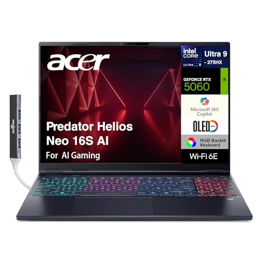 acer Predator Helios Neo 16S AI Ordinateur portable de jeu 16 240 Hz OLED WQXGA (Intel Ultra 9-275HX, GeForce RTX 5060 8 Go, 16 Go DDR5, SSD PCIe 1 To, Thunderbolt 4, Copilot, Win 11 Pro) avec