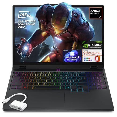 Lenovo Legion 5 Ordinateur portable de jeu OLED WQXGA 165 Hz, AMD Ryzen 7 260 8 cœurs, 32 Go DDR5 1 To SSD, RTX 5060, KB rétroéclairé, WiFi7, Win11 Pro Office Licence à vie, noir éclipse, avec hub USB