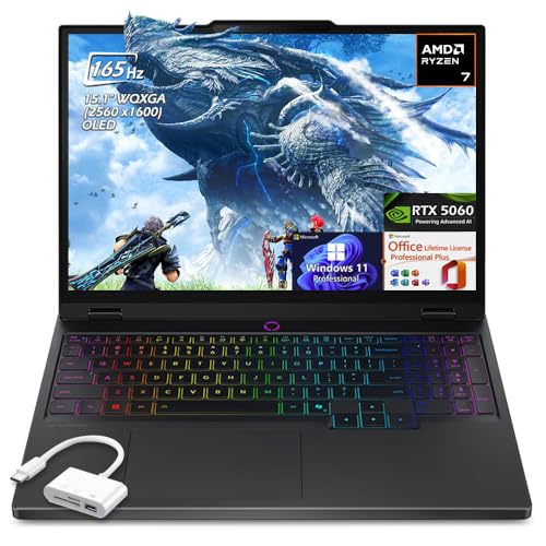 Lenovo Legion 5 Ordinateur portable de jeu, WQXGA OLED 165 Hz, AMD Ryzen 7 260, 16 Go DDR5 2 To SSD, RTX 5060, KB rétroéclairé, WiFi7, Win11 Pro Office Licence à vie, Noir éclipse, Hub USB, W GaLiMu